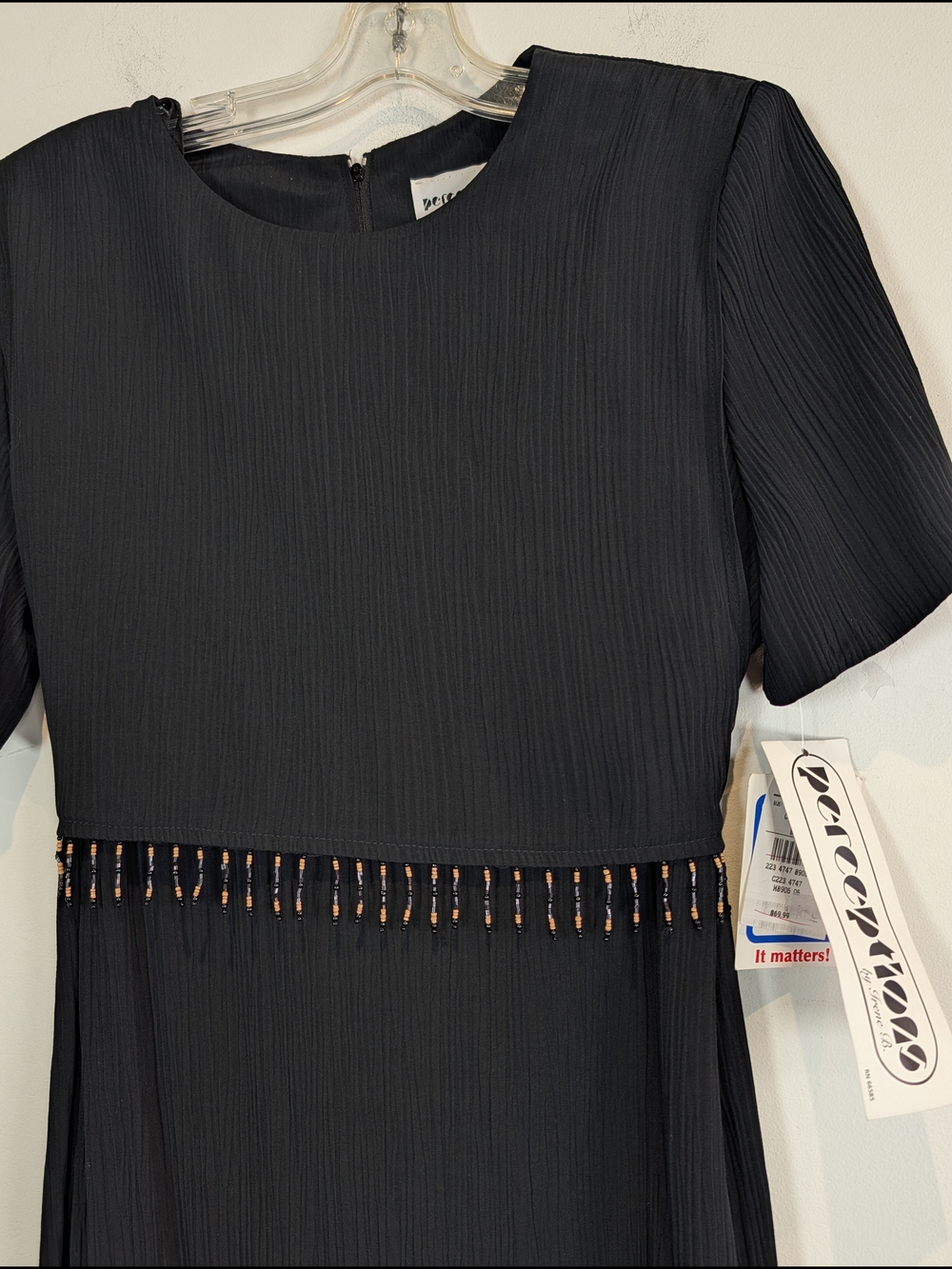 NWT Perceptions Black Pleated Midi Dress with Beaded Waist, Size 10